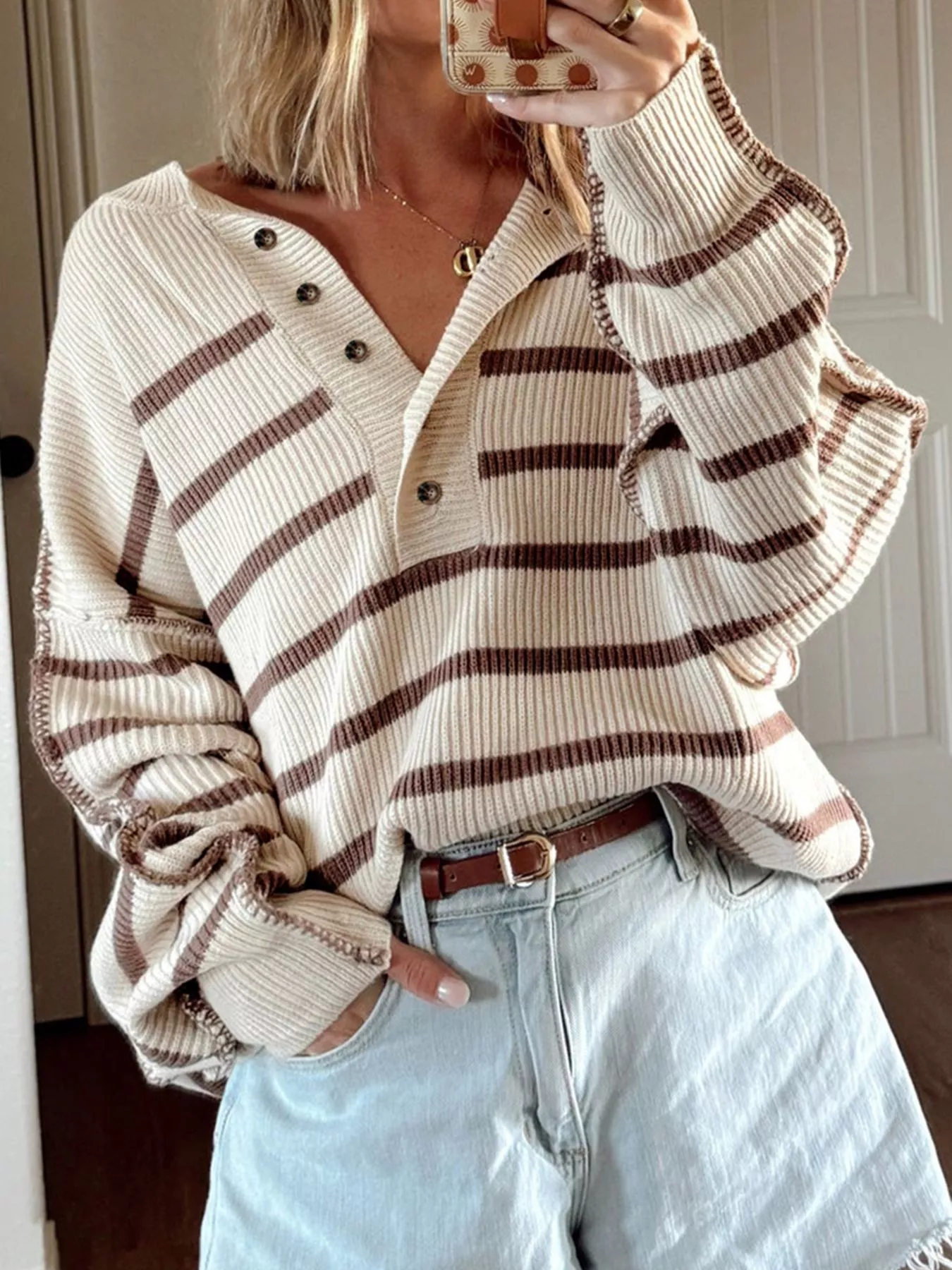 Stripe Ribbed Henley Drop Shoulder Slouchy Sweater - Image 3