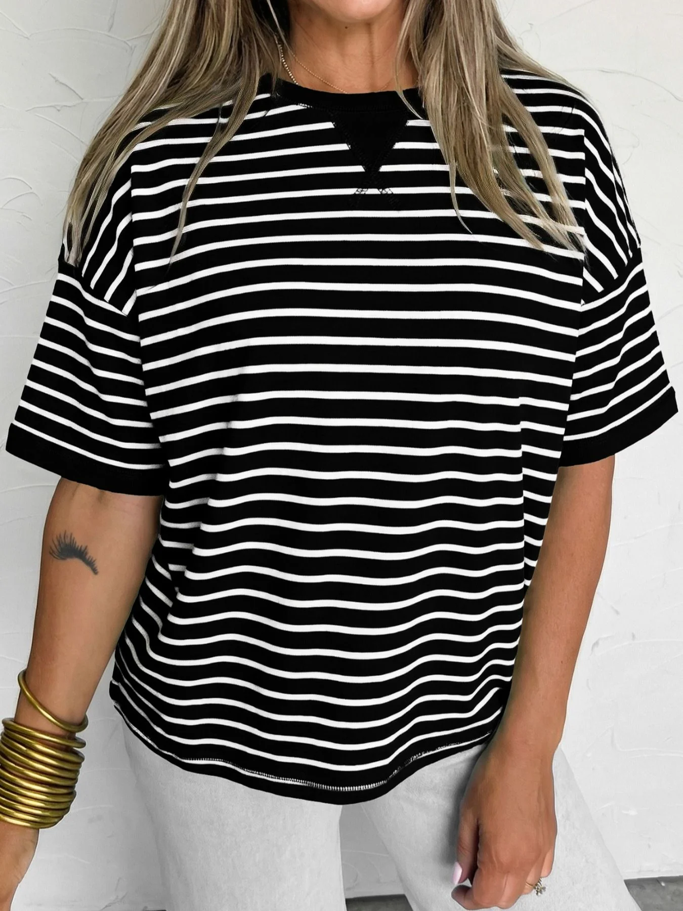 Stripe Ribbed Patchwork Seam Detail Half Sleeve Tee - Image 4