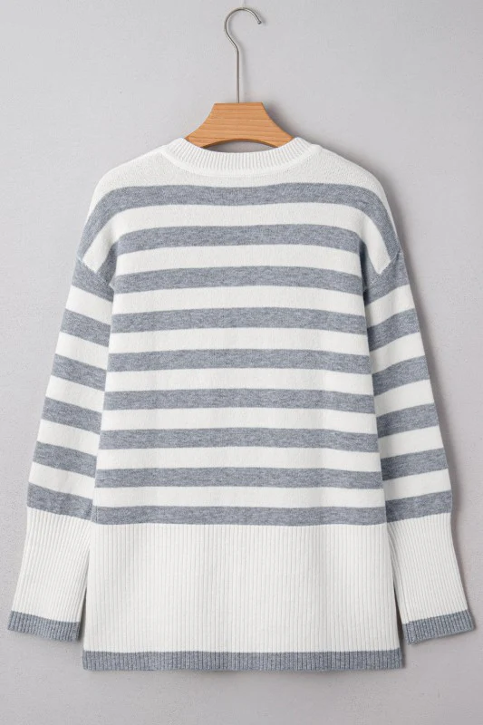 Stripe Ribbed Side-Button Drop Shoulder Sweater - Image 3