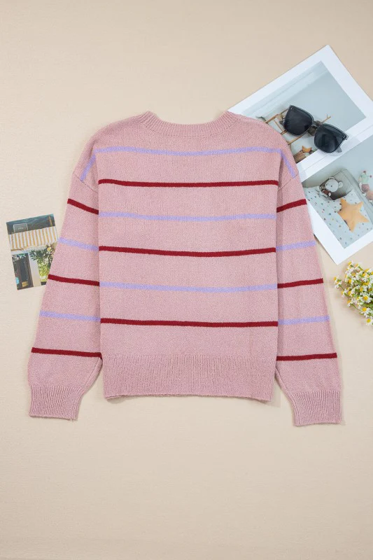 Stripe Ribbed Trim Drop Shoulder Sweater - Image 19