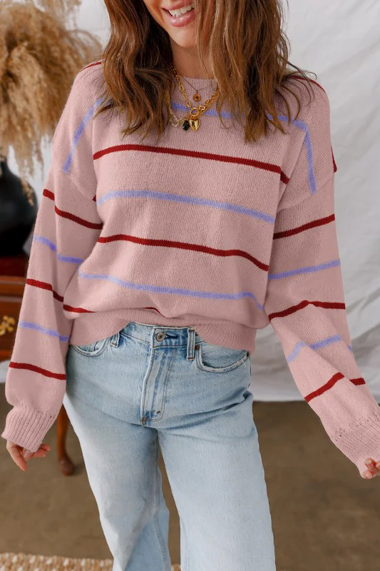 Stripe Ribbed Trim Drop Shoulder Sweater - Image 16