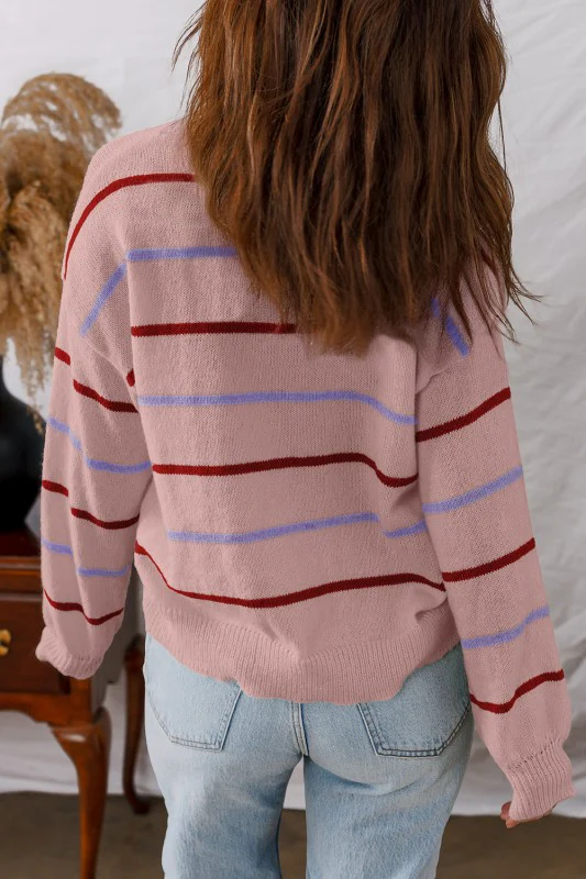 Stripe Ribbed Trim Drop Shoulder Sweater - Image 17