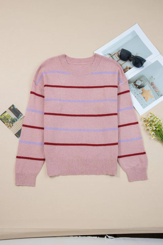 Stripe Ribbed Trim Drop Shoulder Sweater - Image 18