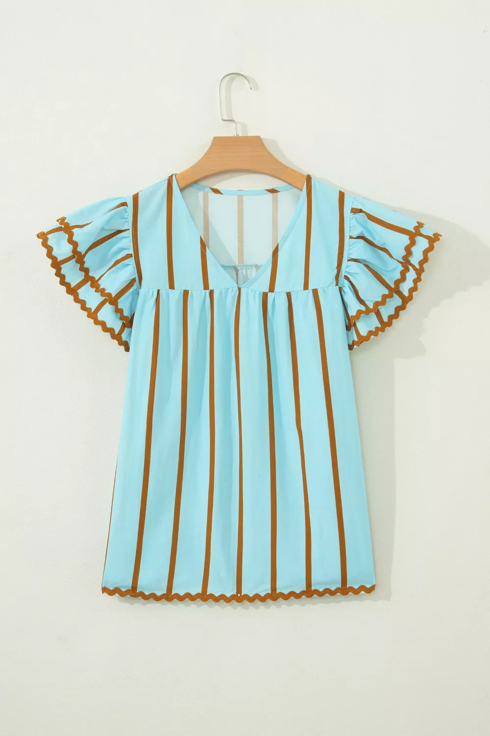 Stripe Ricrac Trim Double Ruffled Short Sleeve V Neck Blouse - Image 4