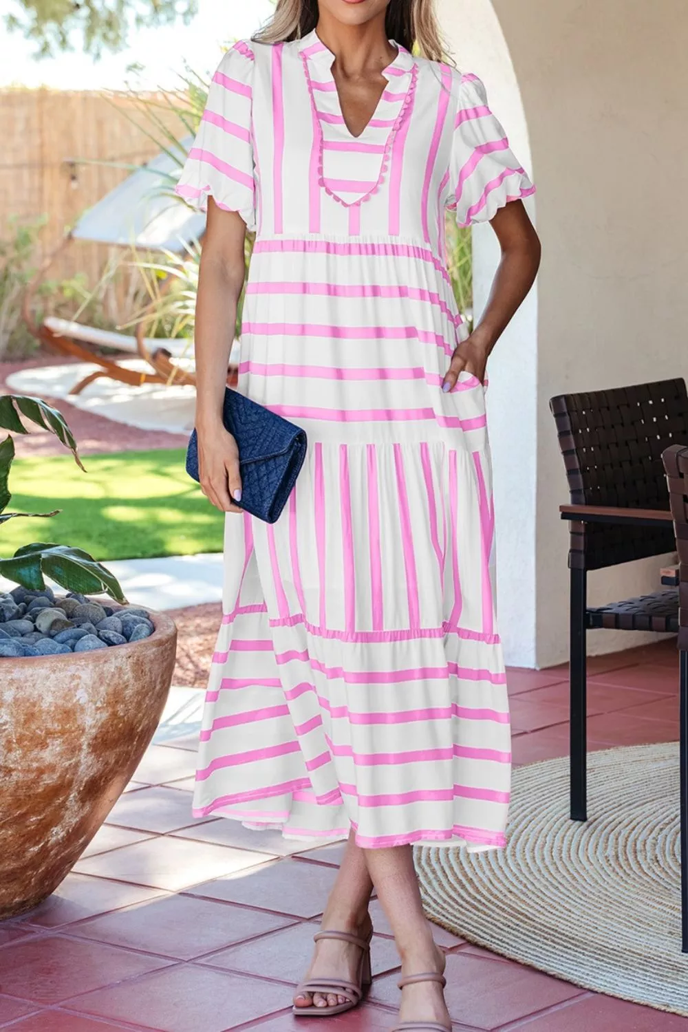 Stripe Ricrac Trim Notched Neck Half Sleeve Dress - Image 6