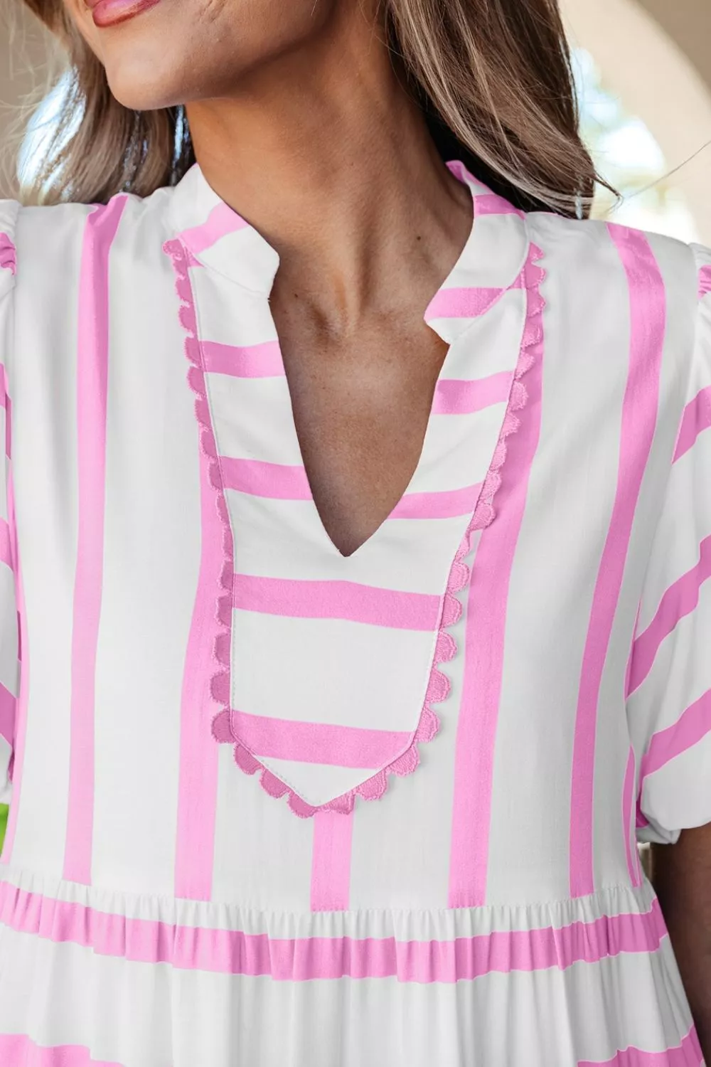 Stripe Ricrac Trim Notched Neck Half Sleeve Dress - Image 9