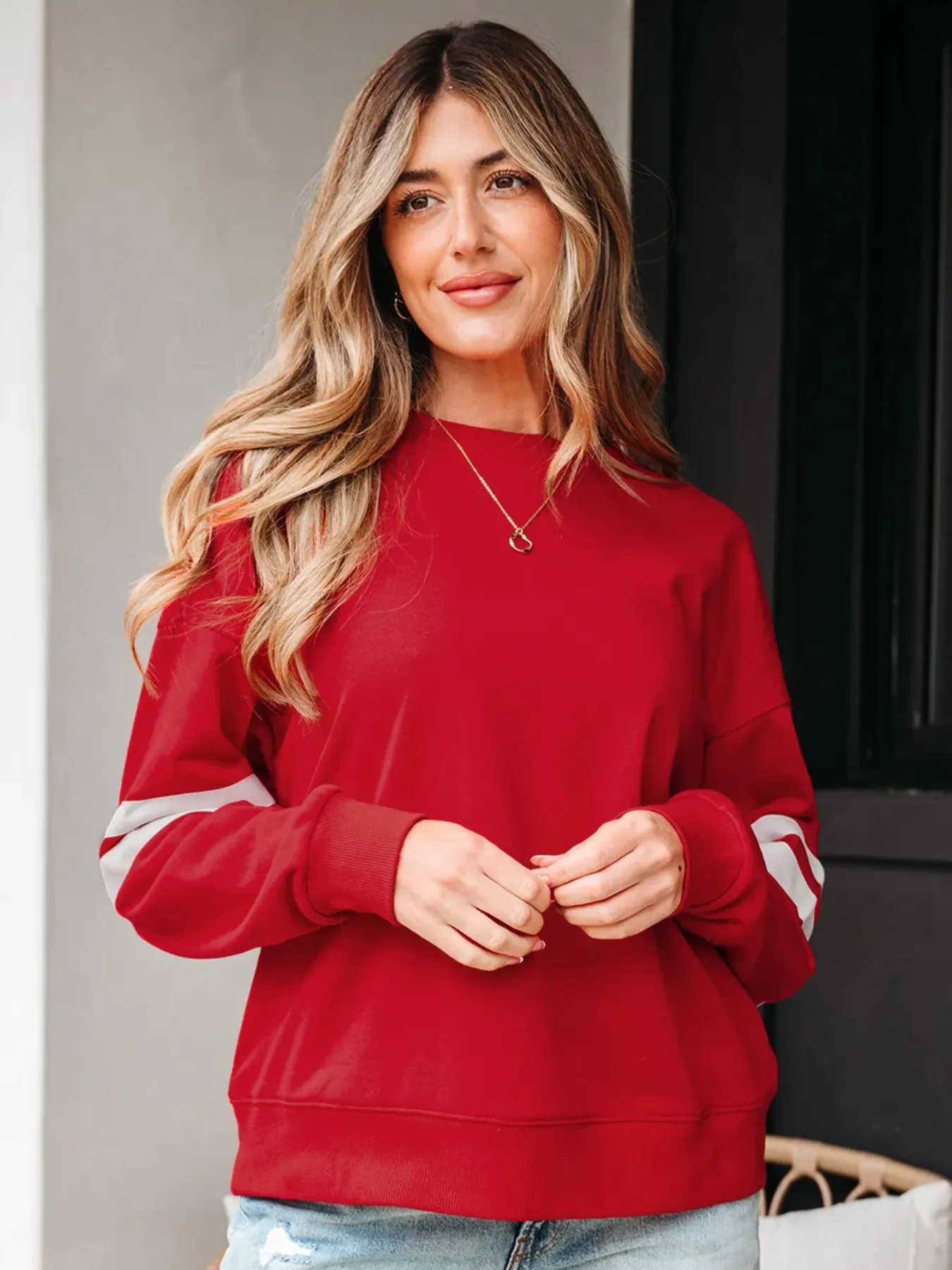 Stripe Round Neck Long Sleeve Sweatshirt - Image 10