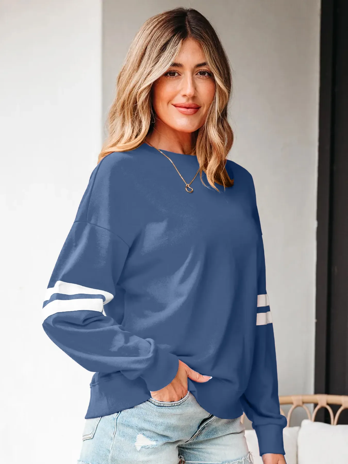 Stripe Round Neck Long Sleeve Sweatshirt - Image 19