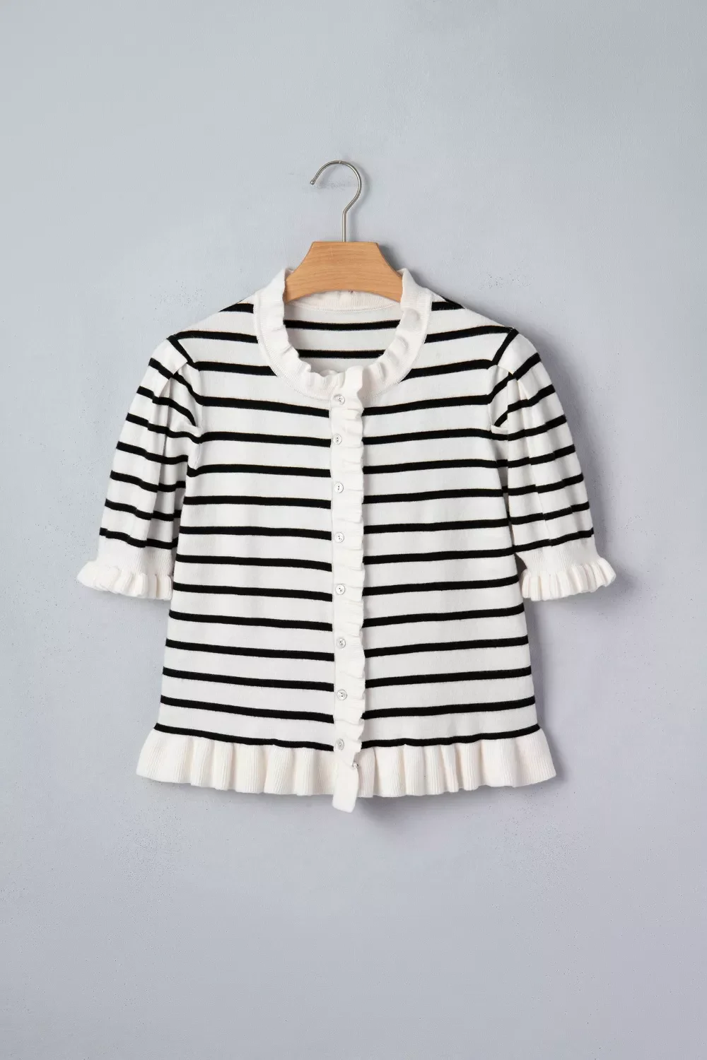 Stripe Ruffle Trim Button Down Knit Short Sleeve Sweater Cardigan - Image 3