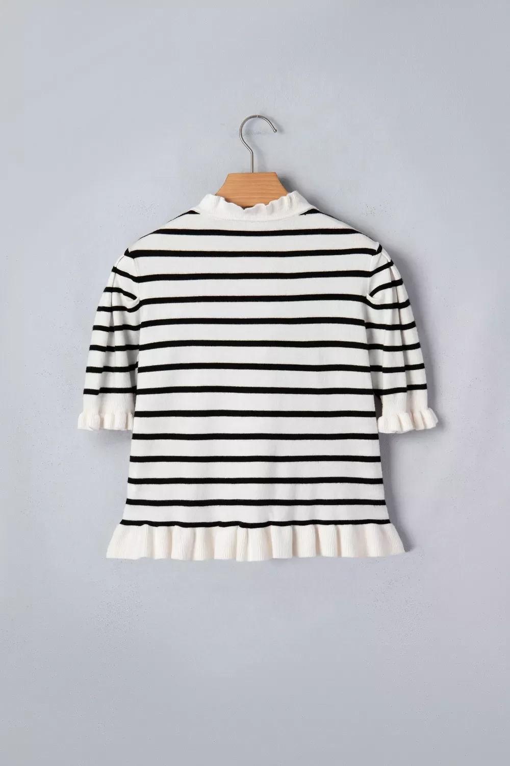 Stripe Ruffle Trim Button Down Knit Short Sleeve Sweater Cardigan - Image 4