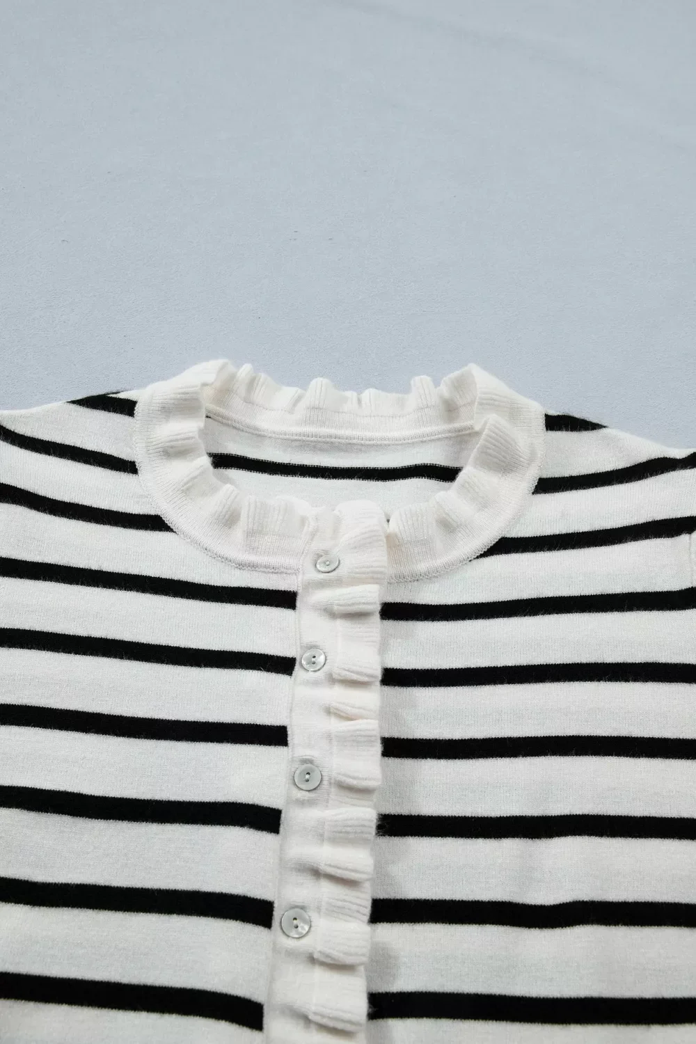 Stripe Ruffle Trim Button Down Knit Short Sleeve Sweater Cardigan - Image 5
