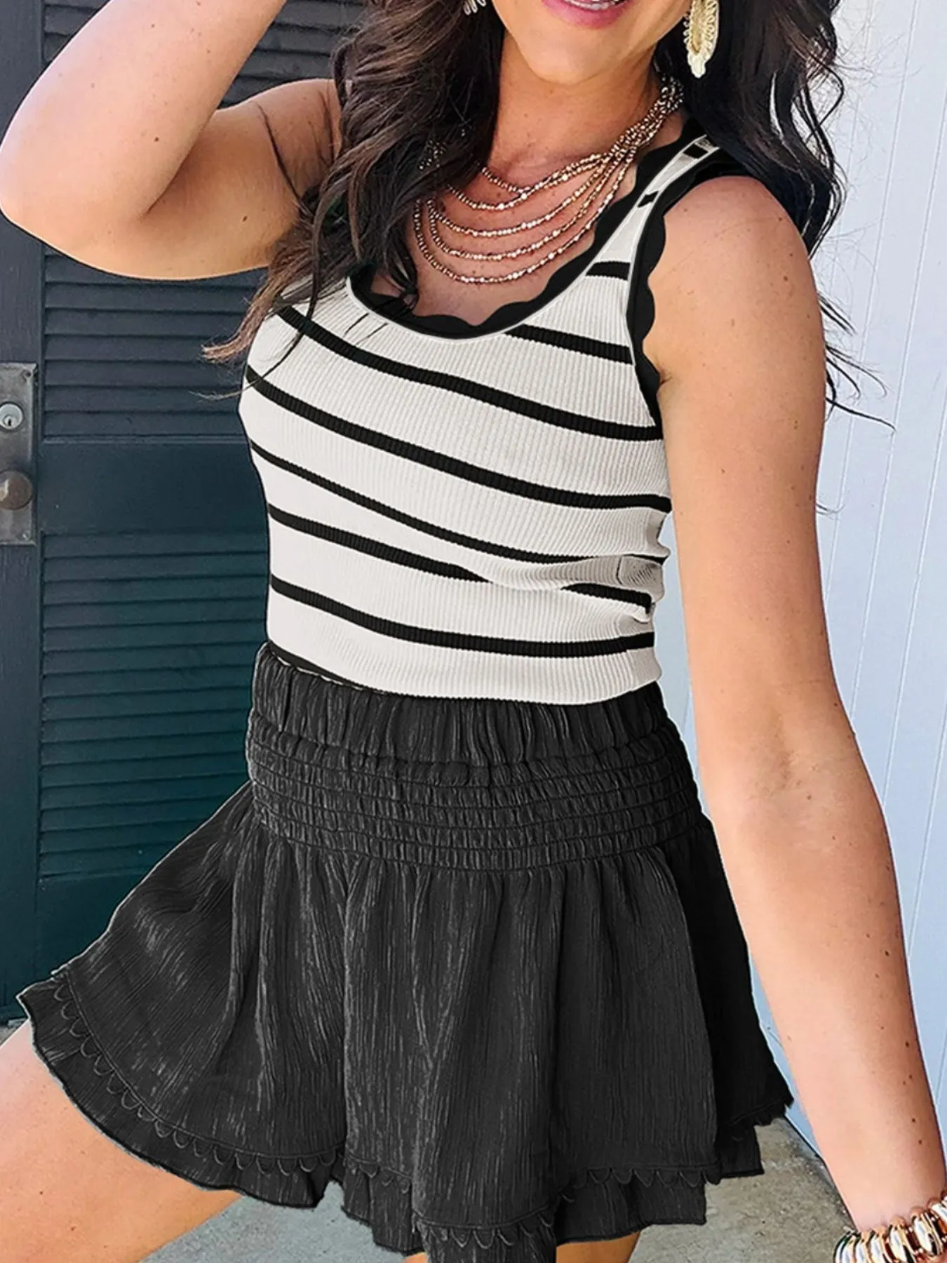 Stripe Scalloped Edge Crew Neck Knit Tank Top - Image 15