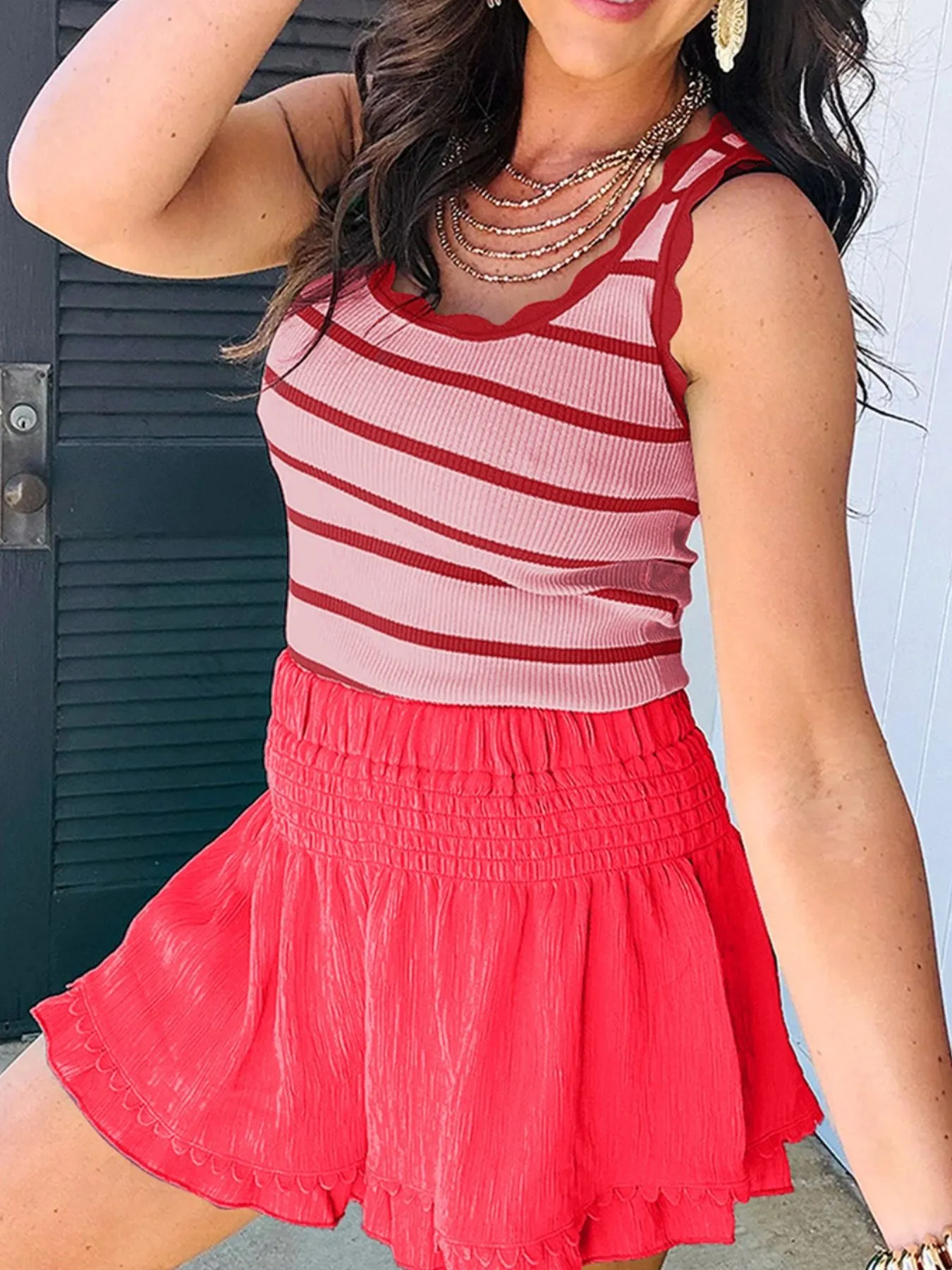 Stripe Scalloped Edge Crew Neck Knit Tank Top - Image 2