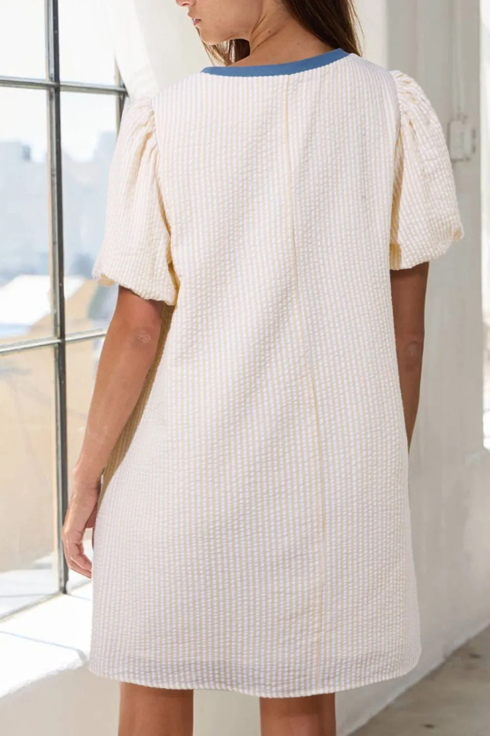 Stripe Seersucker Contrast Round Neck Puff Sleeve T Shirt Dress - Image 3