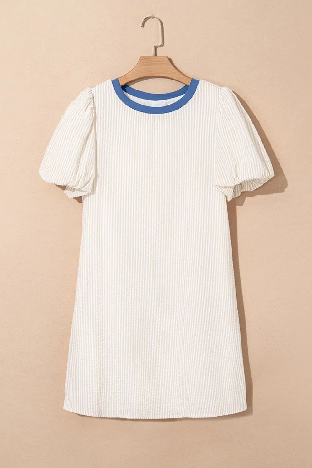 Stripe Seersucker Contrast Round Neck Puff Sleeve T Shirt Dress - Image 4