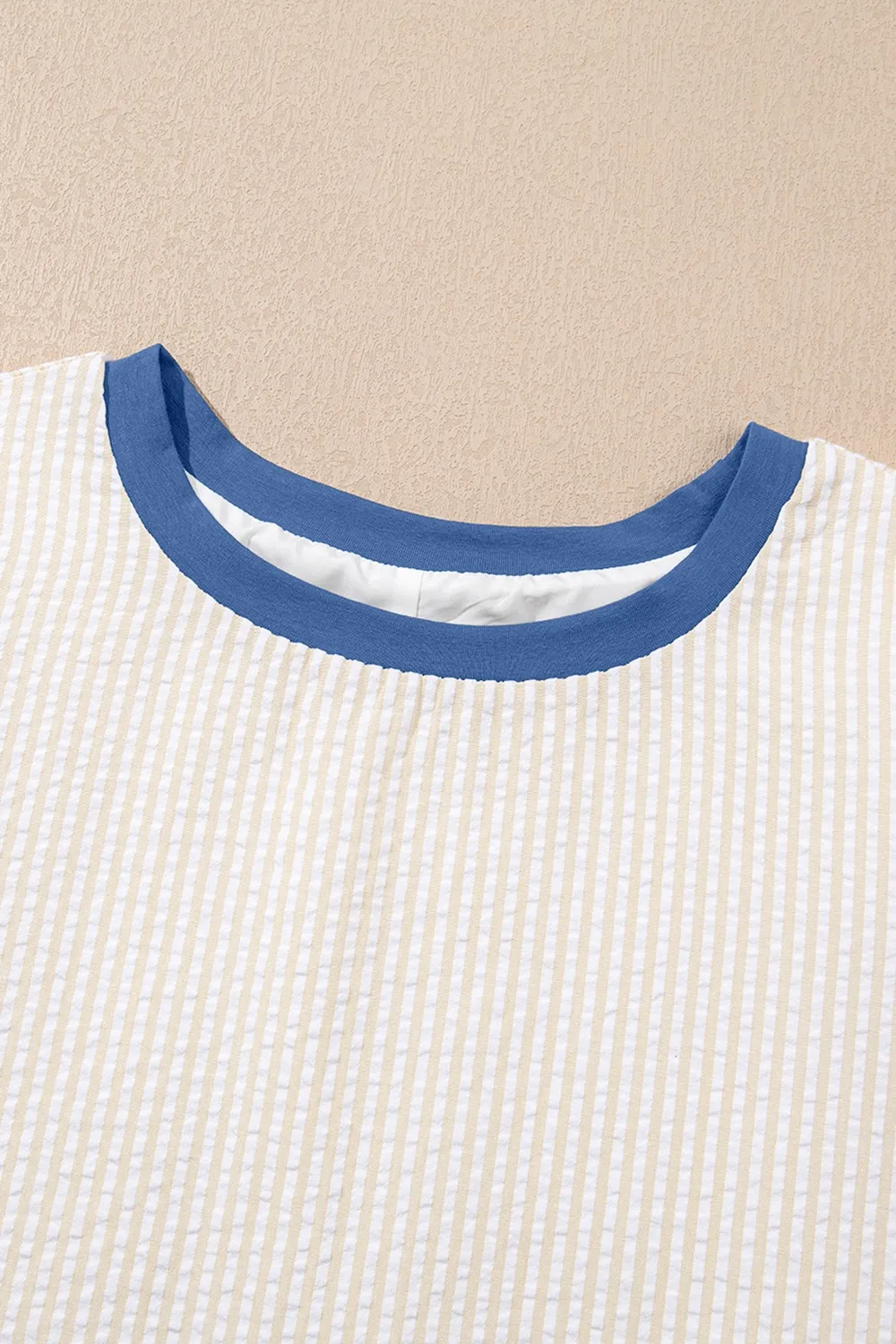 Stripe Seersucker Contrast Round Neck Puff Sleeve T Shirt Dress - Image 6