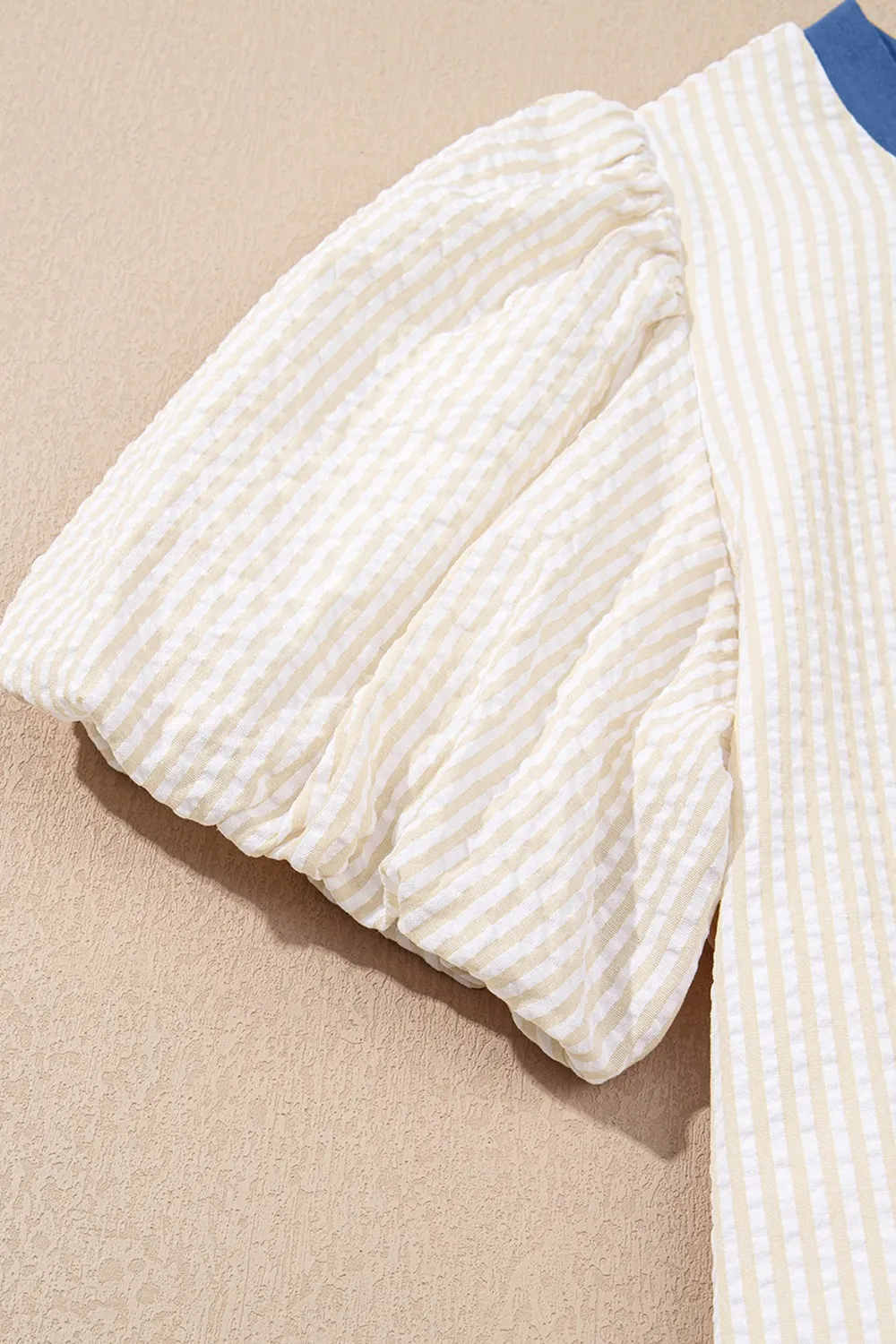 Stripe Seersucker Contrast Round Neck Puff Sleeve T Shirt Dress - Image 7