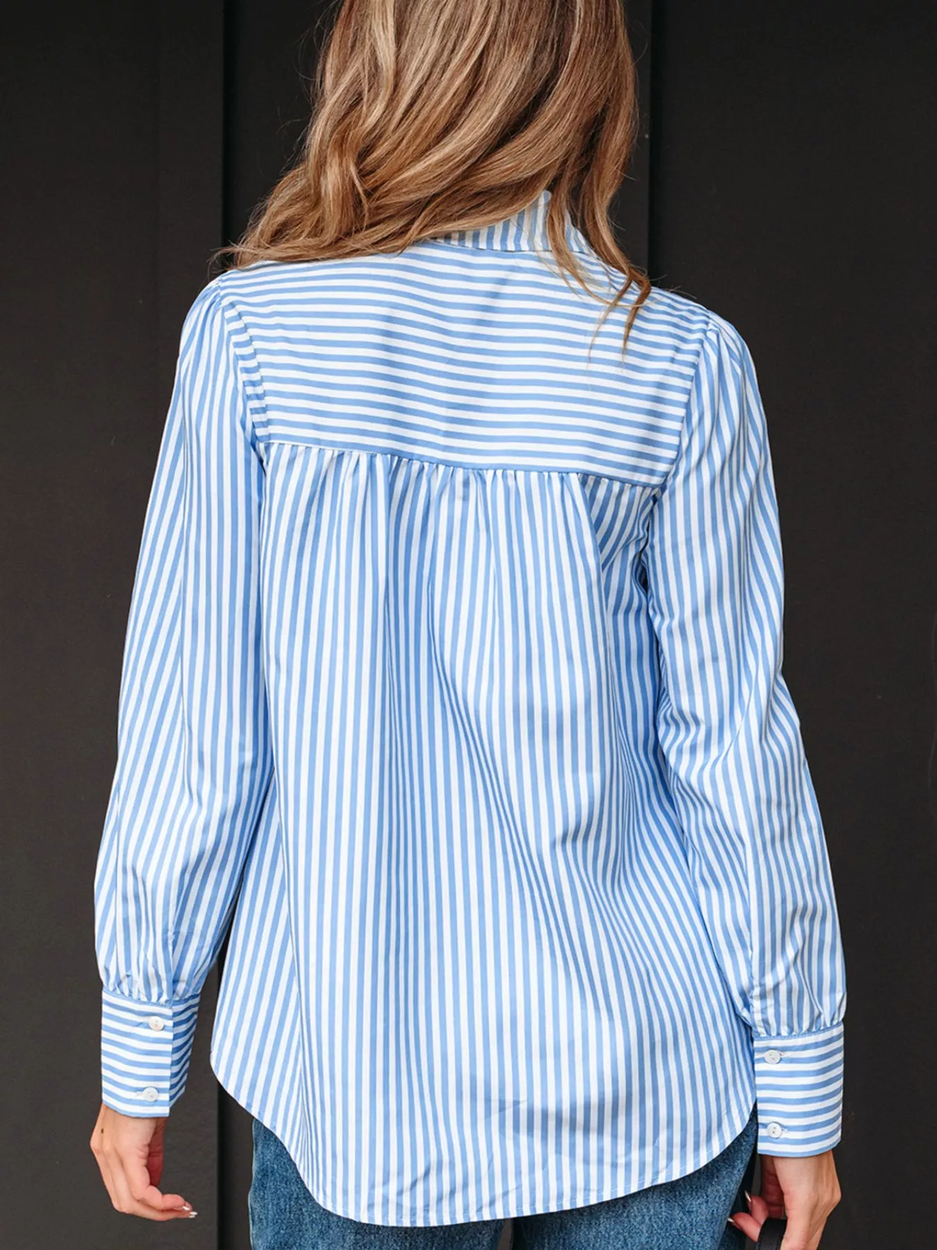 Stripe Shirred Detail Half Placket Collared Long Sleeve Shirt - Image 3