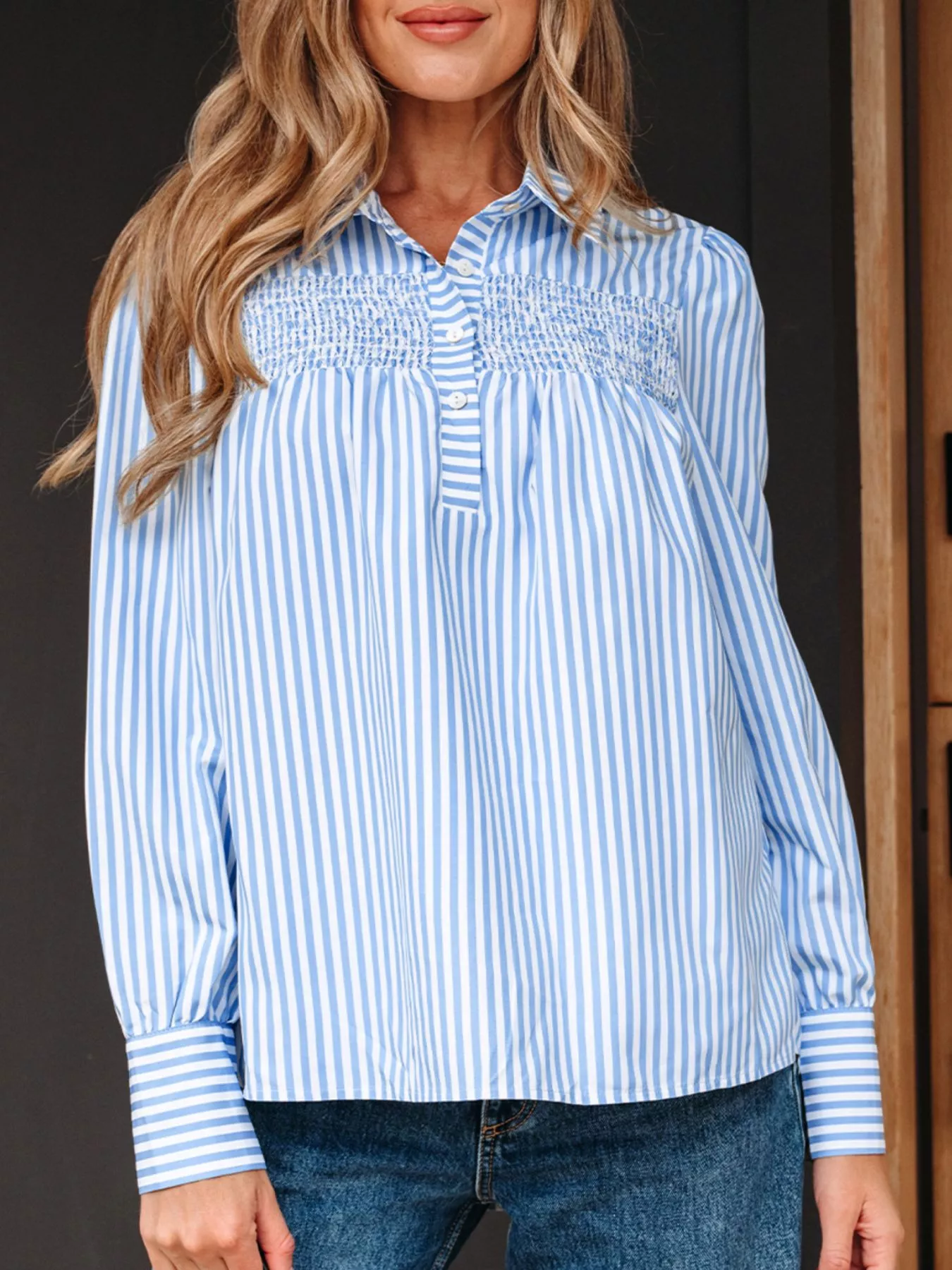 Stripe Shirred Detail Half Placket Collared Long Sleeve Shirt - Image 5