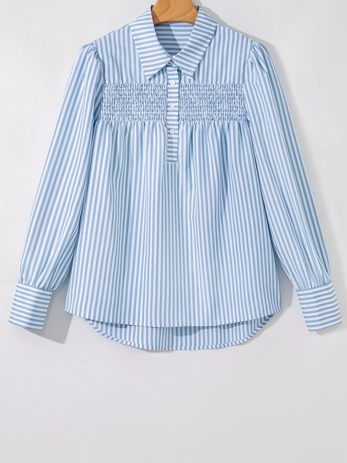 Stripe Shirred Detail Half Placket Collared Long Sleeve Shirt - Image 7