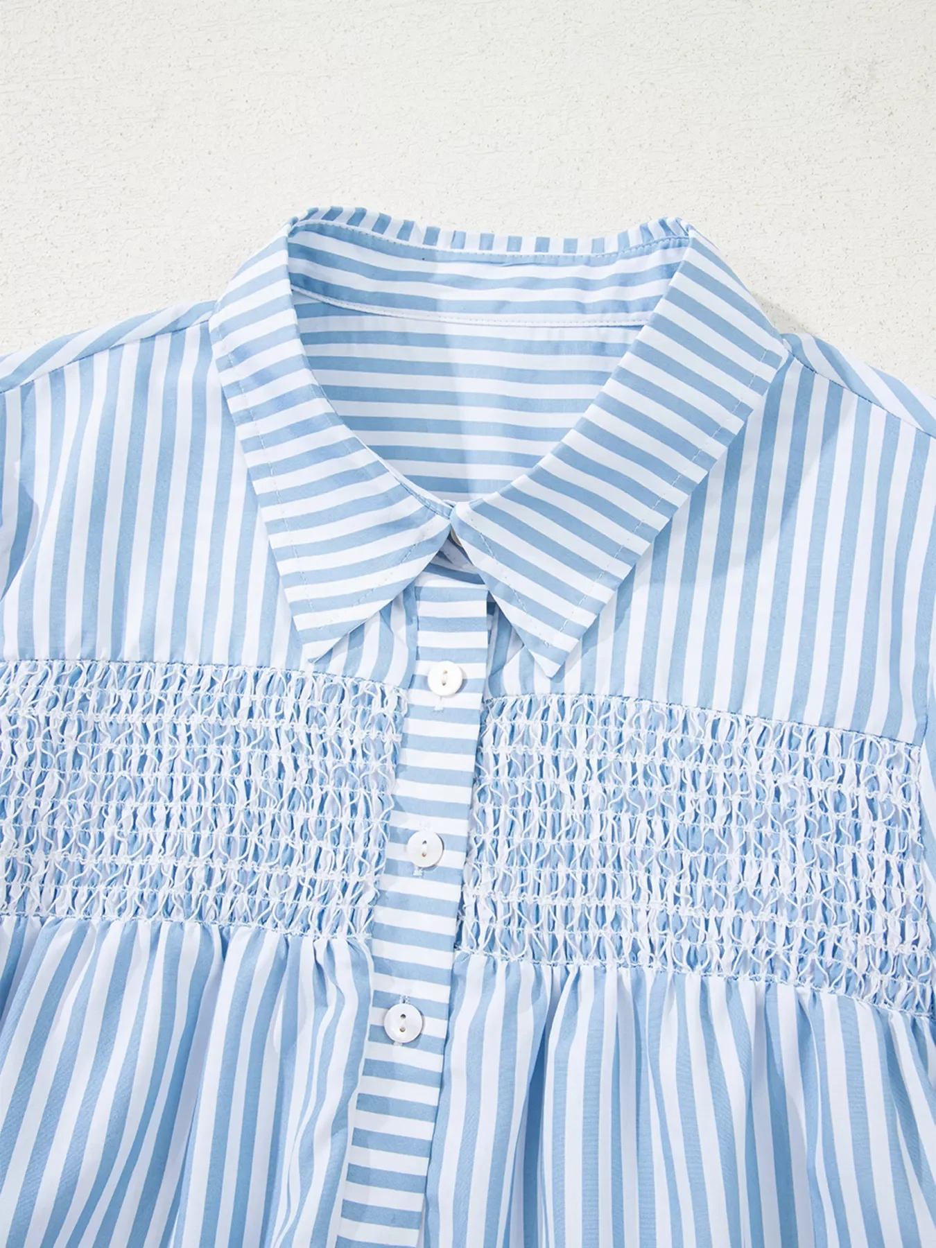 Stripe Shirred Detail Half Placket Collared Long Sleeve Shirt - Image 9