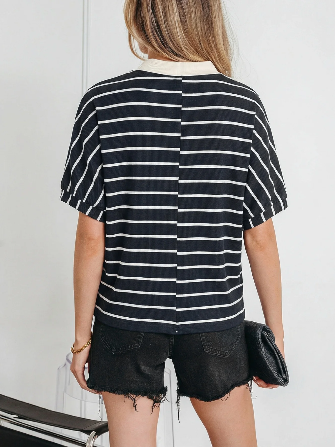Stripe Stand Collar V Neck Elastic Cuffs Half Sleeve Dolman Top - Image 2