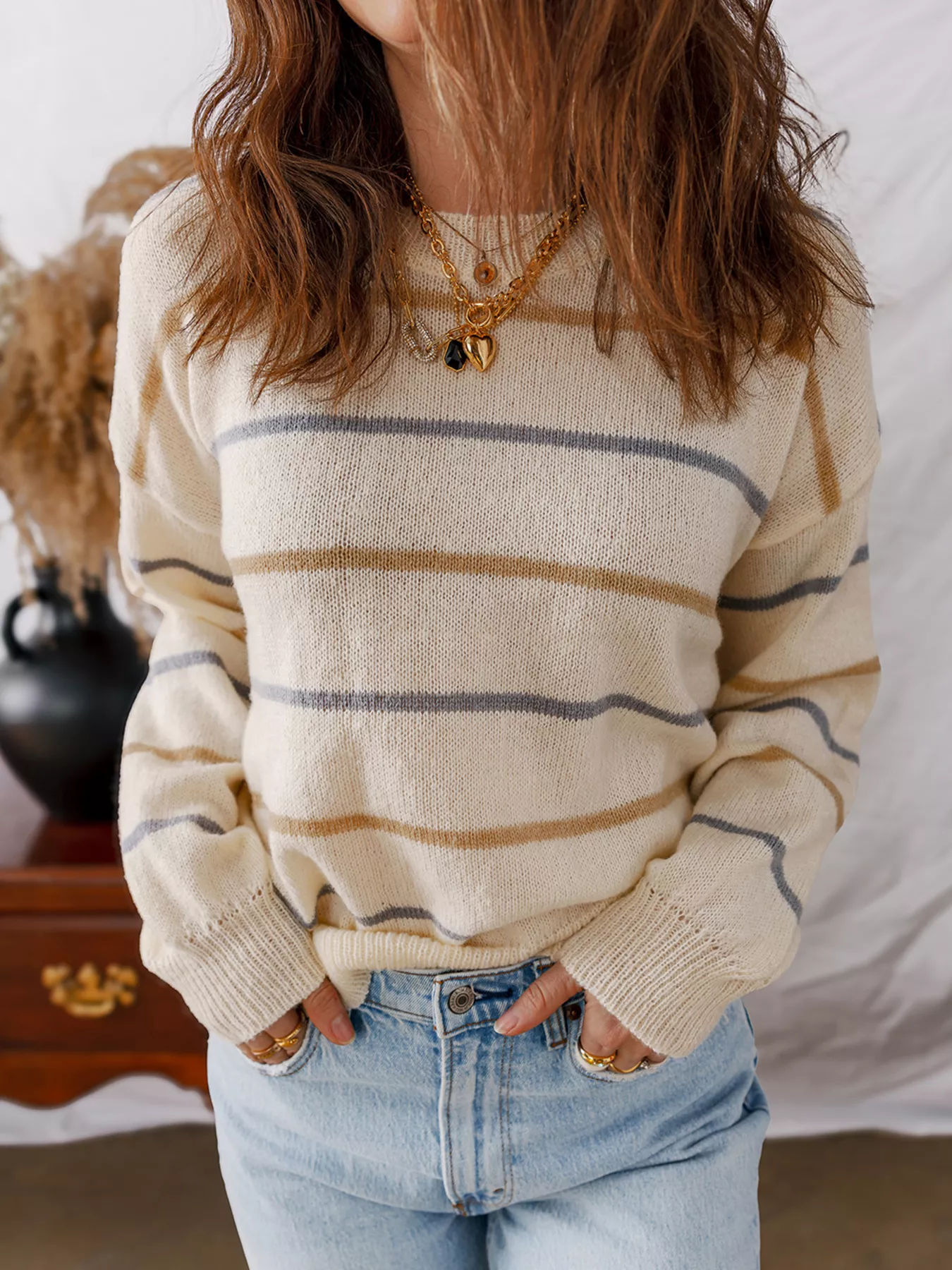 Stripe Striped Ribbed Edge Drop Shoulder Sweater - Image 4