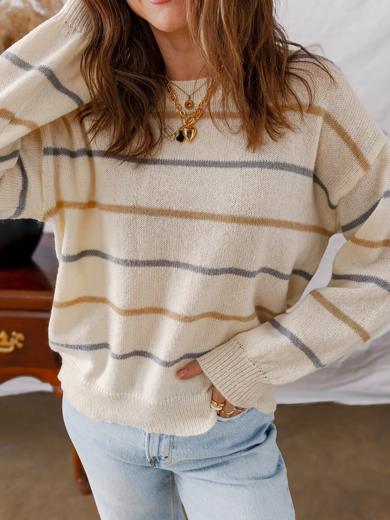 Stripe Striped Ribbed Edge Drop Shoulder Sweater - Image 5