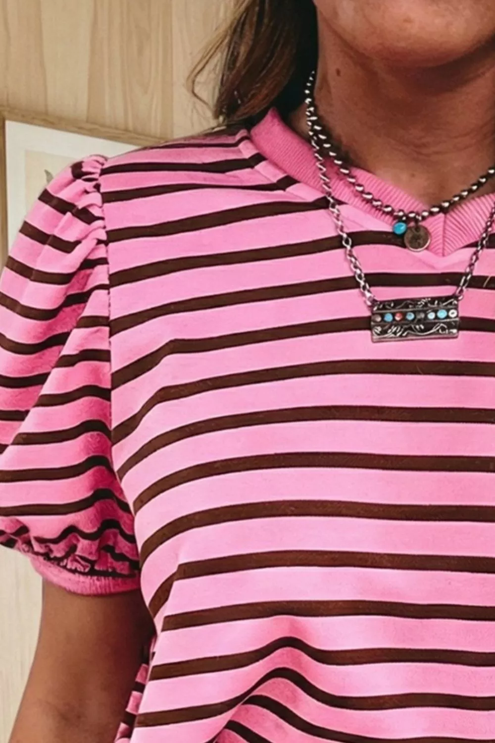 Stripe Striped V-Neck Ribbed Collar Cuff Gathering Puff Sleeve Top - Image 2