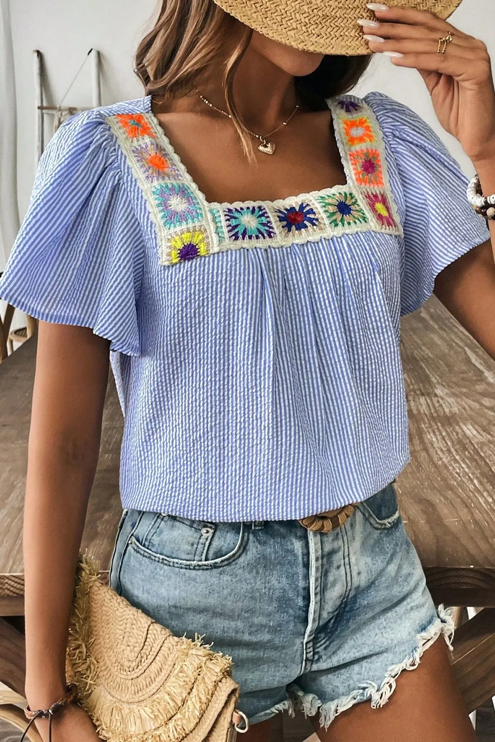 Stripe Textured Ruffle Short Sleeve Boho Detail Square Neck Blouse - Image 3