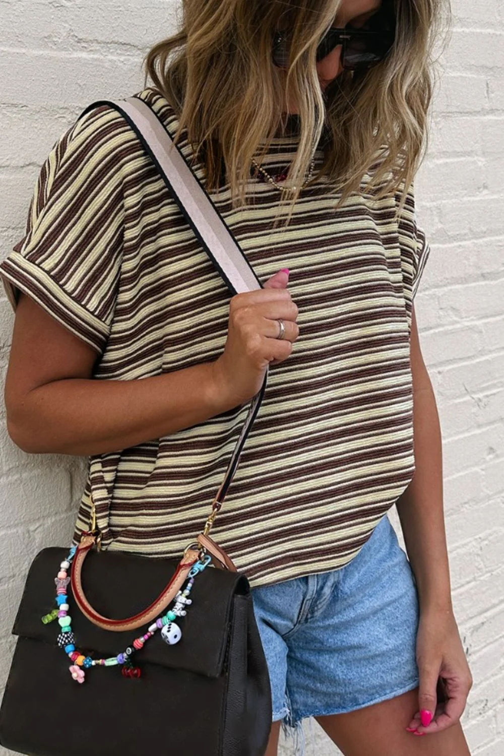 Stripe Textured Side Slit Crew Neck T-Shirt - Image 10