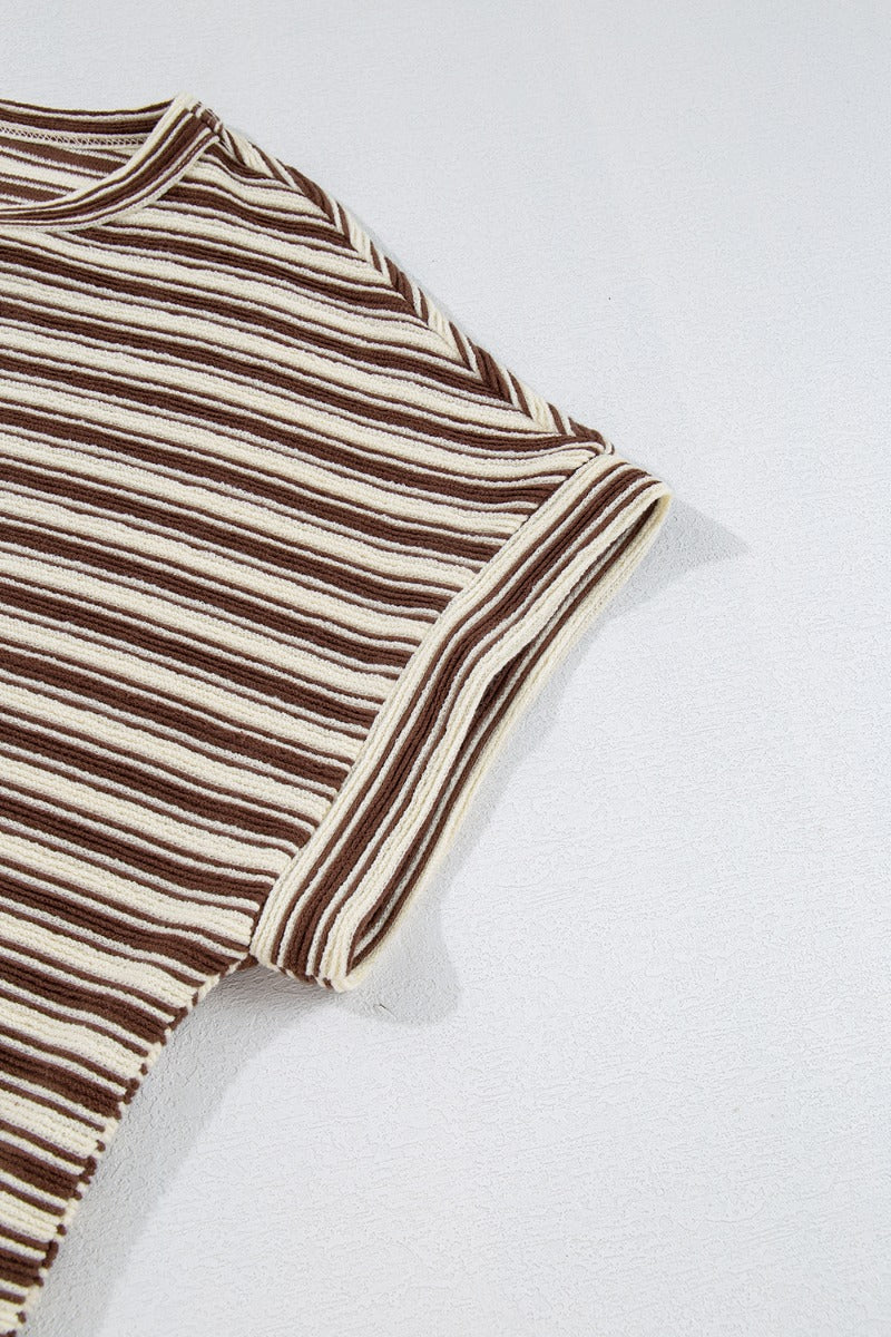 Stripe Textured Side Slit Crew Neck T-Shirt - Image 14