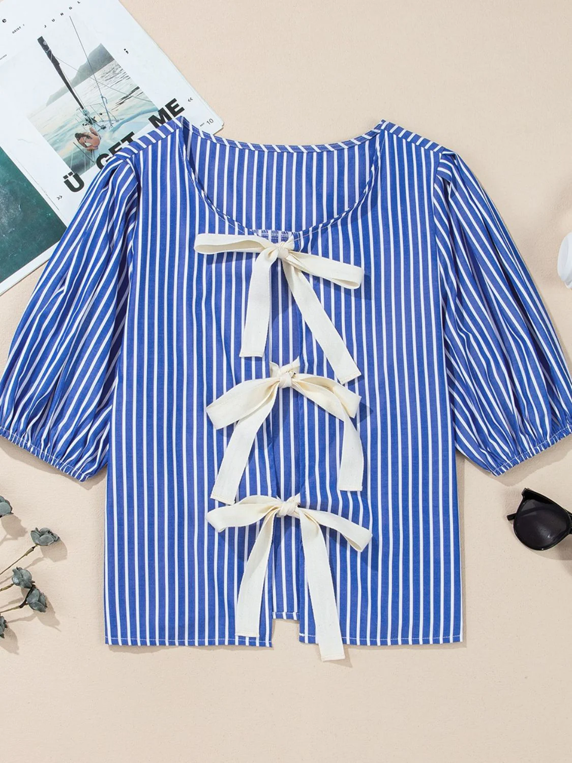Stripe Tied Front Puff Short Sleeve Top - Image 4