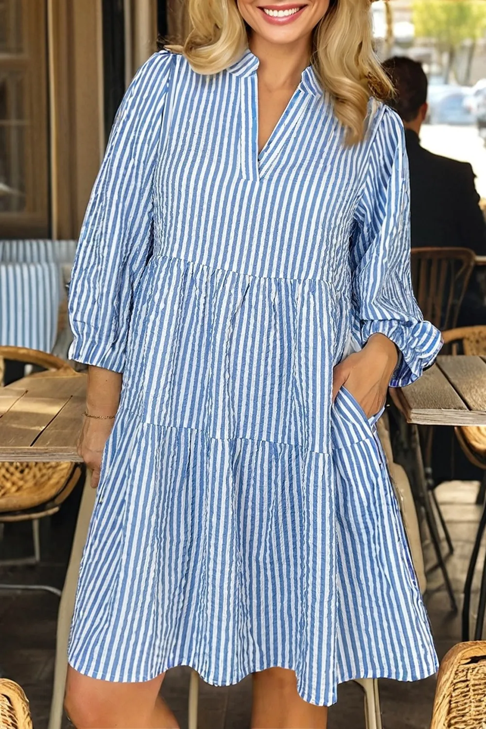 Stripe Tiered Shift Dress with Pockets - Image 2