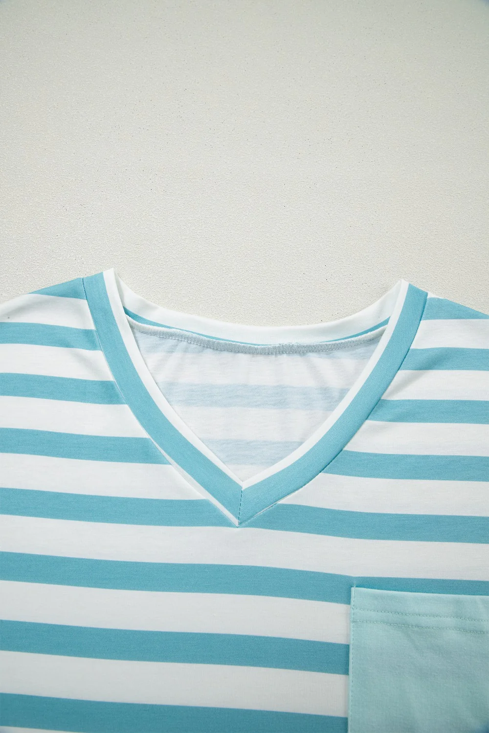 Stripe V Neck Patched Pocket Casual T Shirt - Image 5