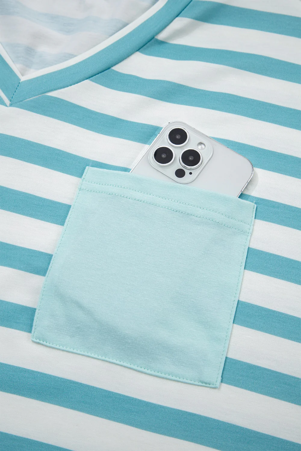 Stripe V Neck Patched Pocket Casual T Shirt - Image 7