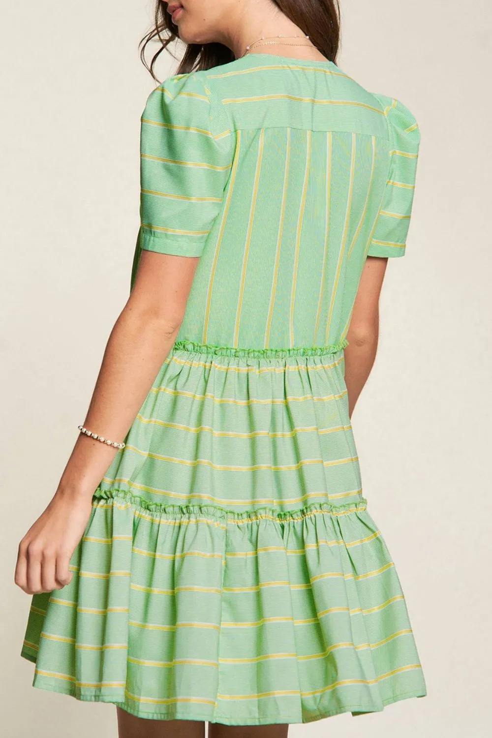 Stripe V Neck Short Sleeve Frilled Detail Dress - Image 2