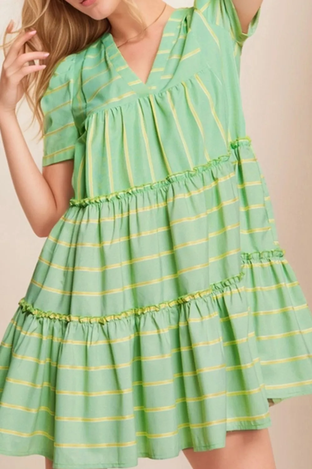 Stripe V Neck Short Sleeve Frilled Detail Dress - Image 4