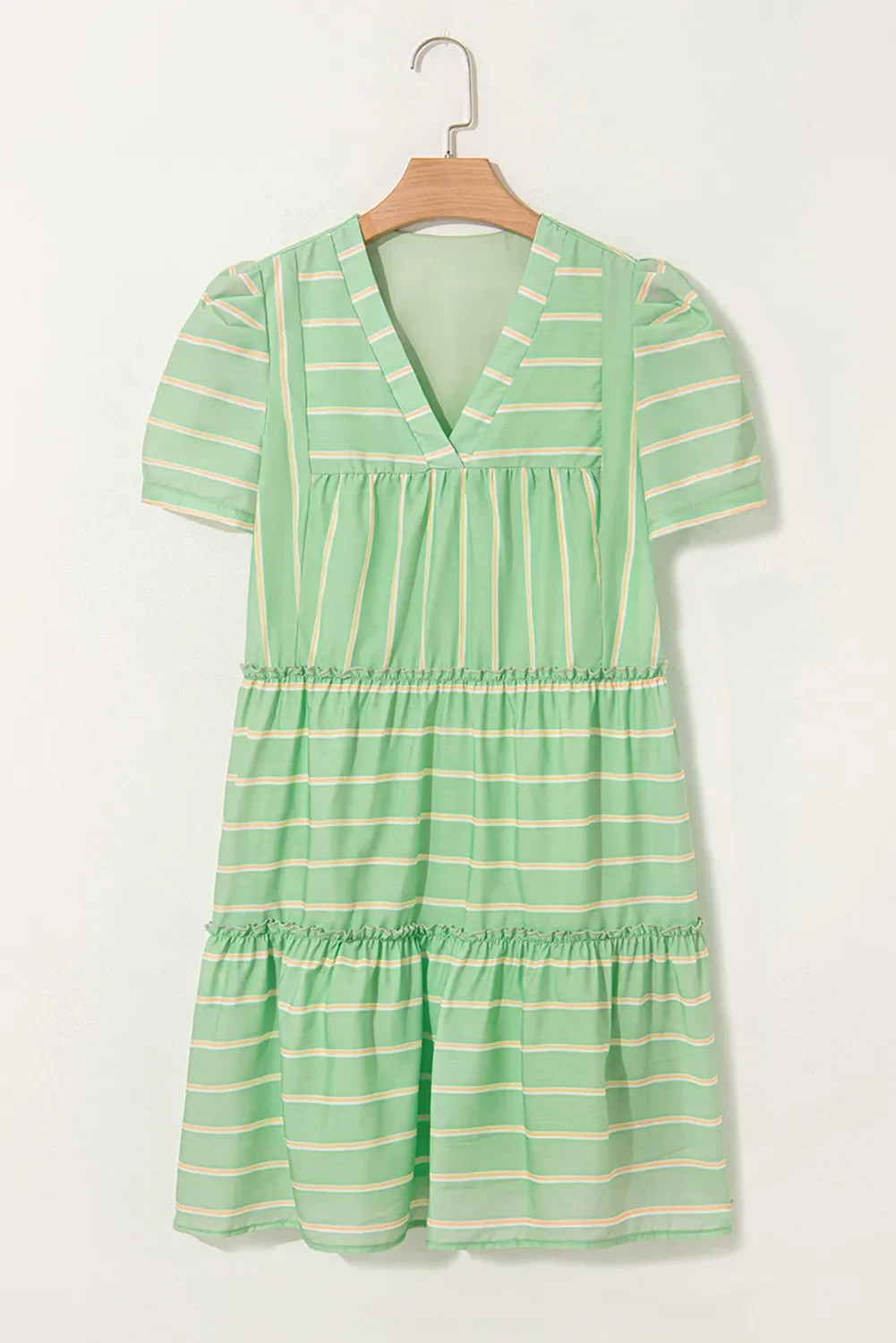 Stripe V Neck Short Sleeve Frilled Detail Dress - Image 5