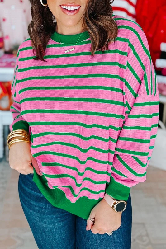Stripe Waffle Knit Crew Neck Plus Size Sweatshirt - Image 4