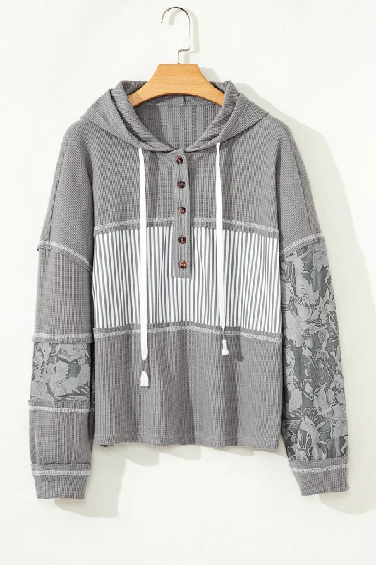 Stripe Waffle Patchwork Hooded Long Sleeve Top - Image 12