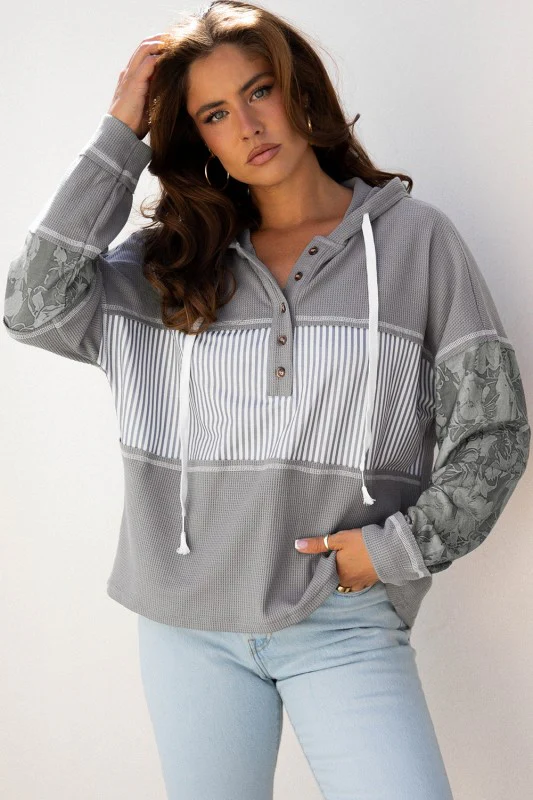 Stripe Waffle Patchwork Hooded Long Sleeve Top - Image 131