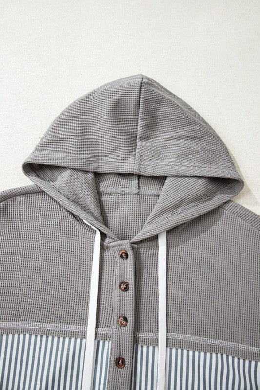 Stripe Waffle Patchwork Hooded Long Sleeve Top - Image 16
