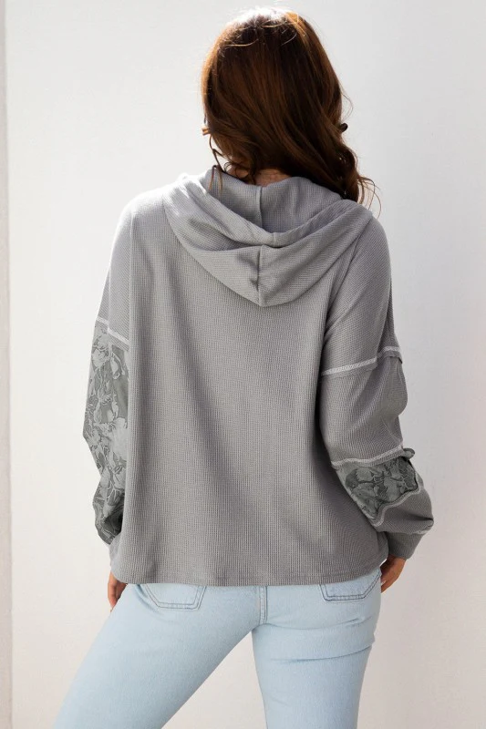 Stripe Waffle Patchwork Hooded Long Sleeve Top - Image 3