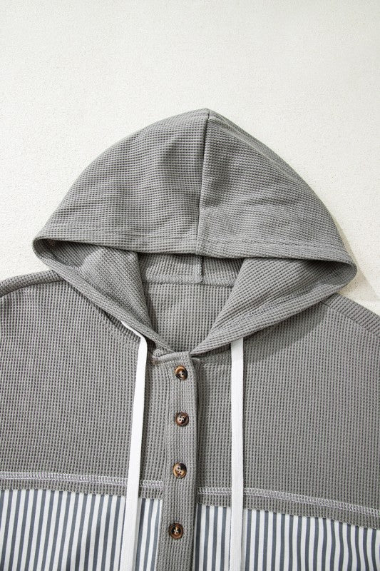 Stripe Waffle Patchwork Hooded Long Sleeve Top - Image 40