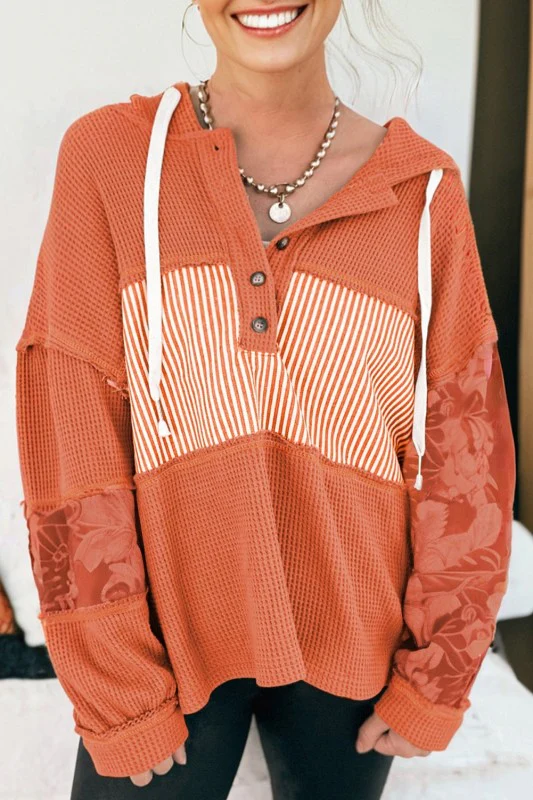 Stripe Waffle Patchwork Hooded Long Sleeve Top - Image 47