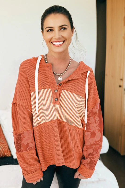 Stripe Waffle Patchwork Hooded Long Sleeve Top - Image 51
