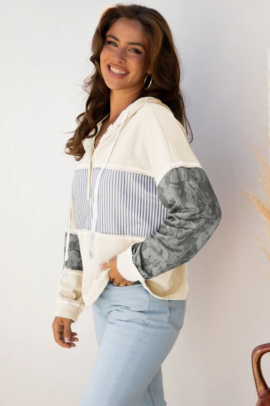 Stripe Waffle Patchwork Hooded Long Sleeve Top - Image 23