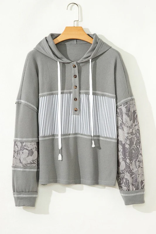 Stripe Waffle Patchwork Hooded Long Sleeve Top - Image 2