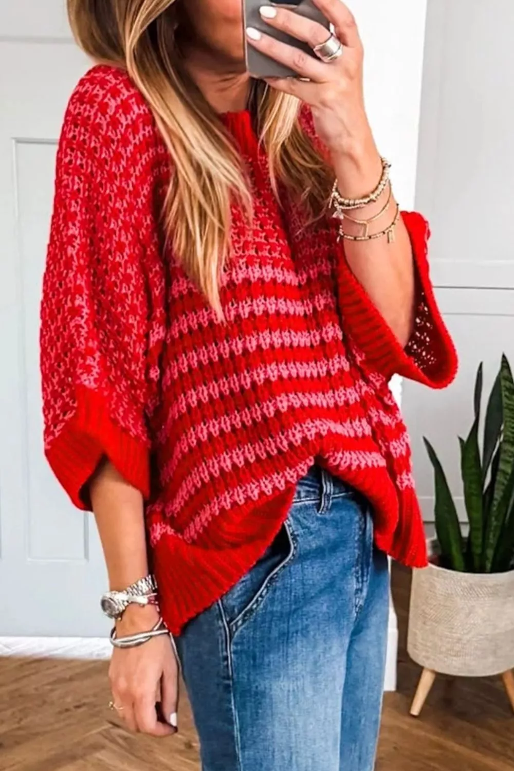 Stripe Wavy Crochet Eyelet Detail Ruffle Half Sleeve Sweater - Image 3